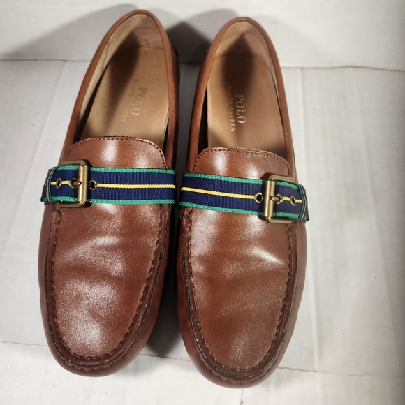 Men's Polo Ralph Lauren Wessel Leather Loafers with Blue and Green Stripes - Picture 3 of 5